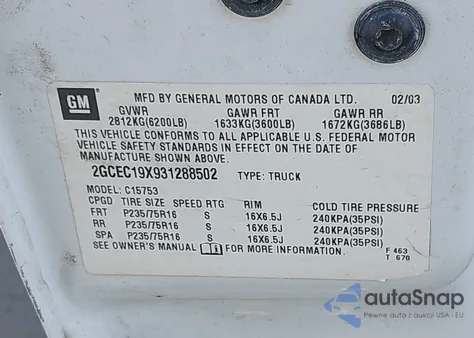 2003 Chevrolet Silverado 1500 Ls z USA, uszkodzony, nr VIN 2GCEC19X931288502